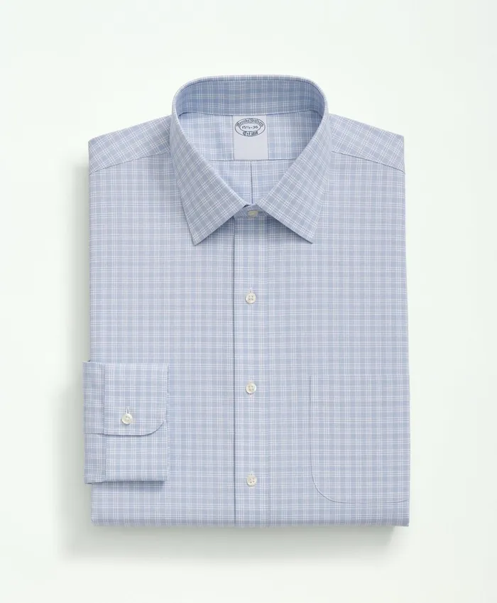 Men Stretch Supima Cotton NonIron Poplin Ainsley Collar Checked Dress Shirt Light Blue Brooks Brothers Dress Shirts