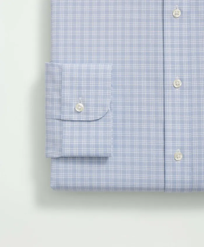 Men Stretch Supima Cotton NonIron Poplin Ainsley Collar Checked Dress Shirt Light Blue Brooks Brothers Dress Shirts