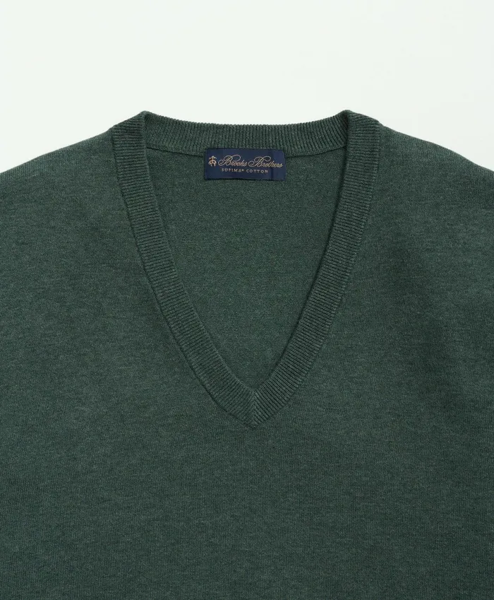 Men Supima Cotton VNeck Sweater Dark Green Heather Brooks Brothers Sweaters