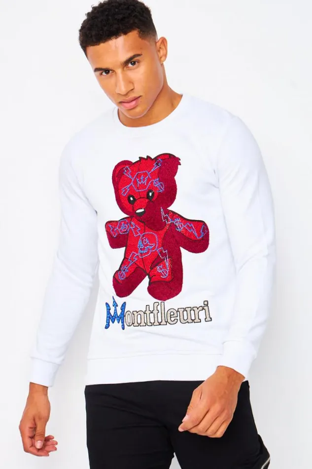 Men Sweatshirt In White With Teddy Graphic In Red Rhinestones White Brentiny Paris Sweatshirts and Pullovers