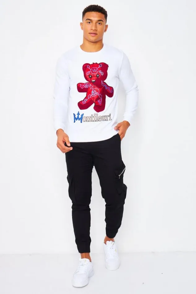 Men Sweatshirt In White With Teddy Graphic In Red Rhinestones White Brentiny Paris Sweatshirts and Pullovers