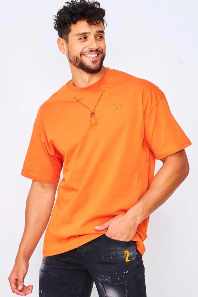 Men TShirt With Drawstring Collar In Orange Orange Brentiny Paris TShirts