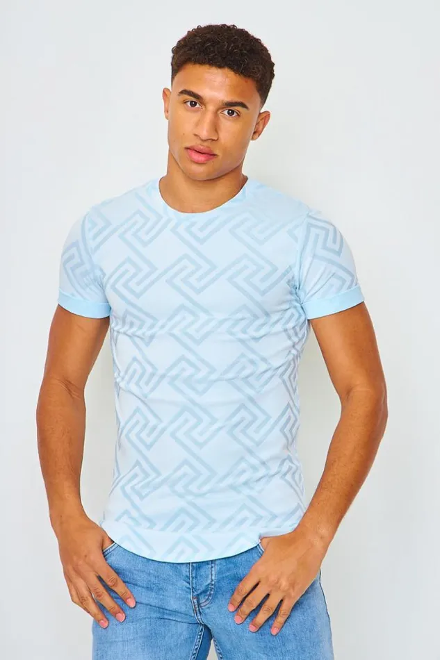 Men TShirt With Greek Print In Sky Blue Blue Brentiny Paris TShirts