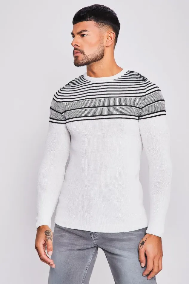 Men White Knit Sweater With Black Embossed Stripes White Brentiny Paris Sweatshirts and Pullovers