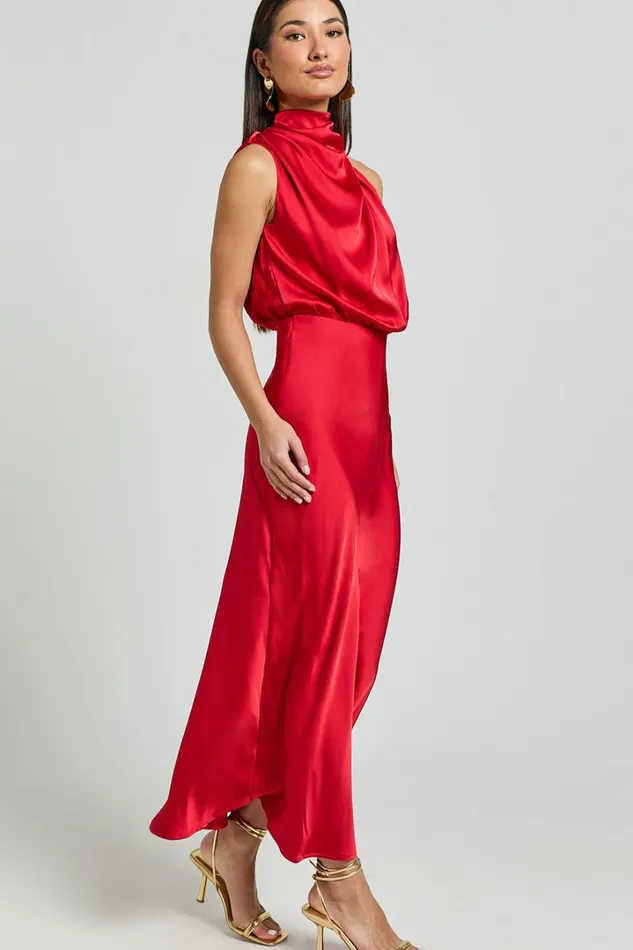 Minnie Midi Dress 8211 Drape Neck Satin Slip Dress In Red Women Showpo Dresses