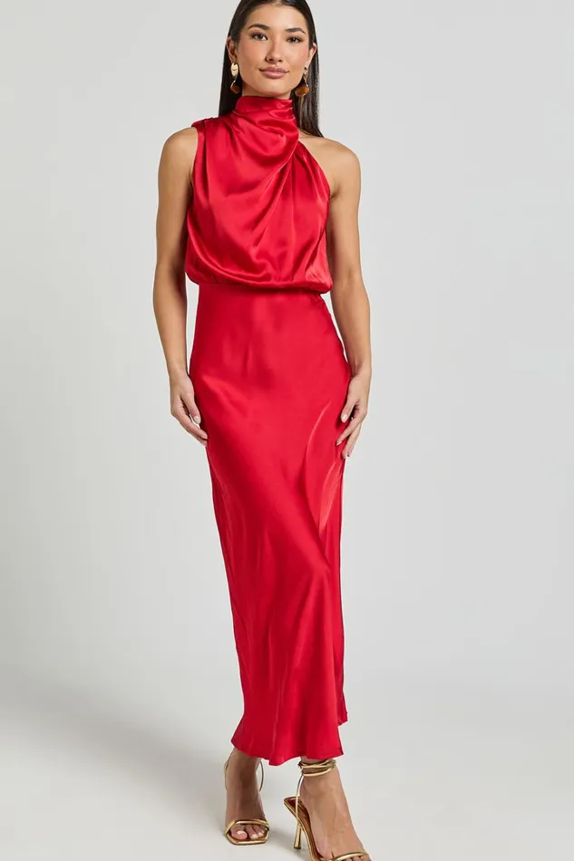 Minnie Midi Dress 8211 Drape Neck Satin Slip Dress In Red Women Showpo Dresses