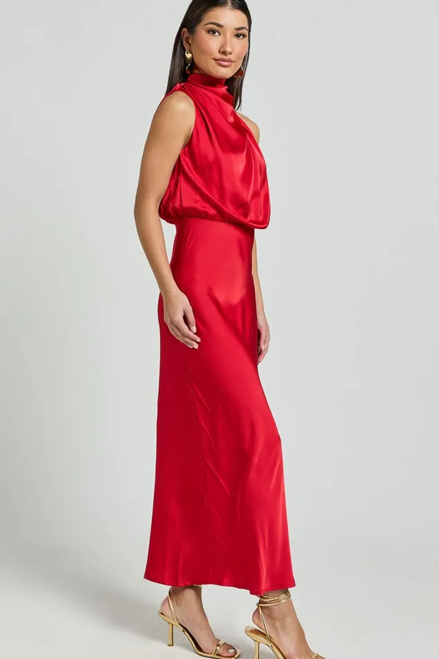 Minnie Midi Dress 8211 Drape Neck Satin Slip Dress In Red Women Showpo Dresses