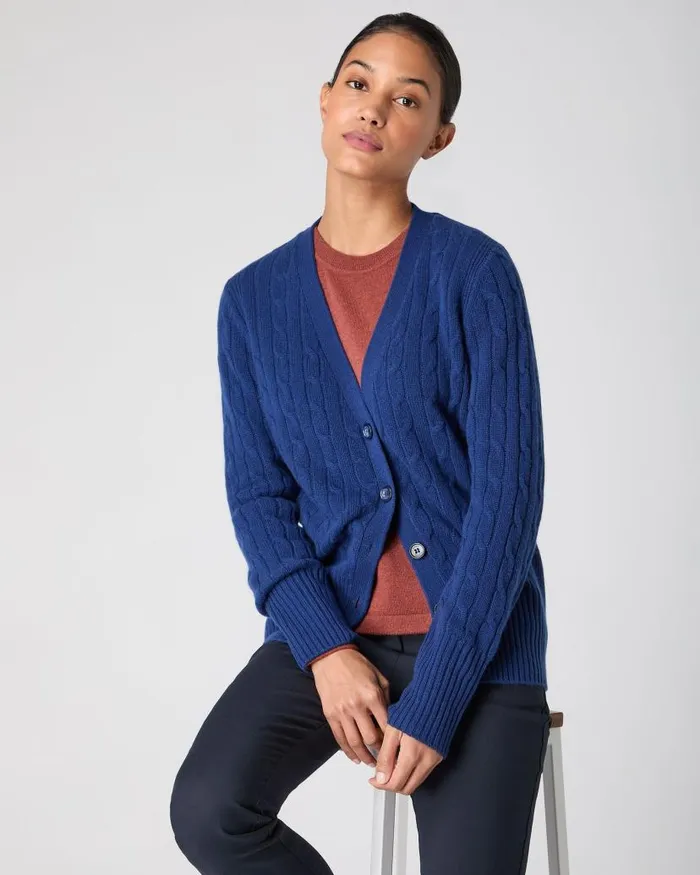 NPeal Cardigans Women Clara Cable V Neck Cashmere Cardigan French Blue