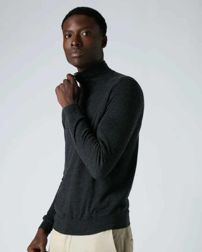 NPeal Jumpers Men Regent Fine Gauge Cashmere Half Zip Jumper Dark Charcoal Grey