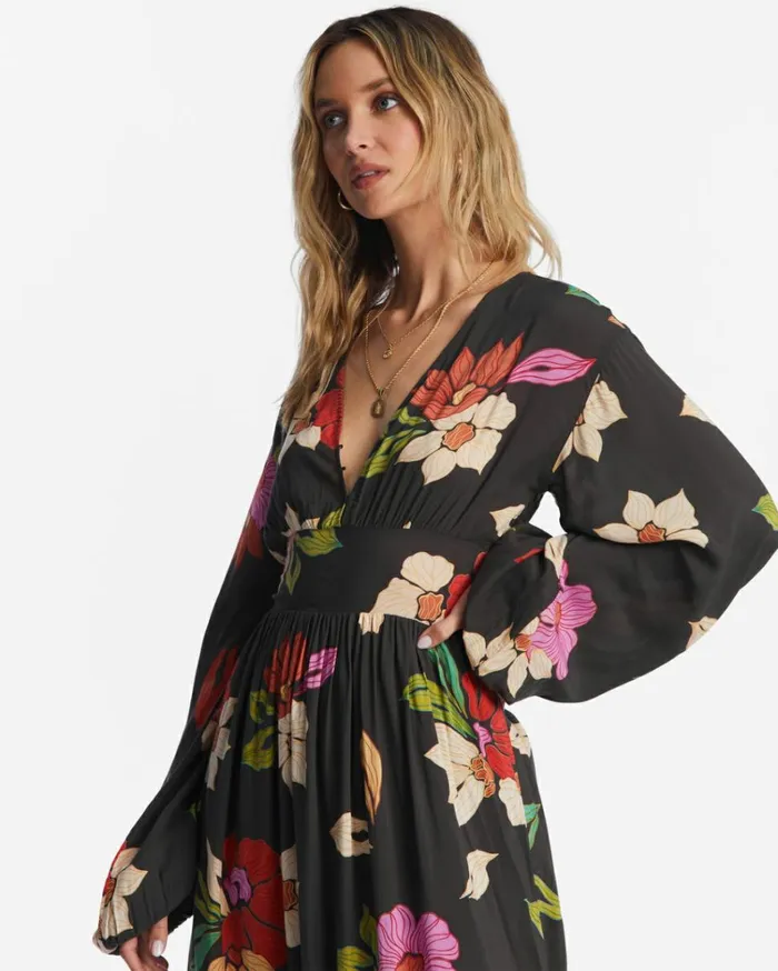 Night Bloom Long Sleeve Maxi Dress Black Pebble Women Billabong Maxi Dresses