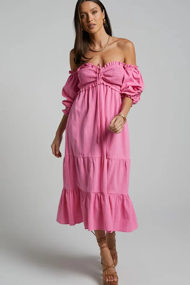 Nikka Midi Dress 8211 Shirred Off Shoulder Puff Sleeve Dress In Pink Women Showpo Dresses Nikka Midi Dress 8211 Shirred Off Shoulder Puff Sleeve Dress In Pink Women Showpo Dresses