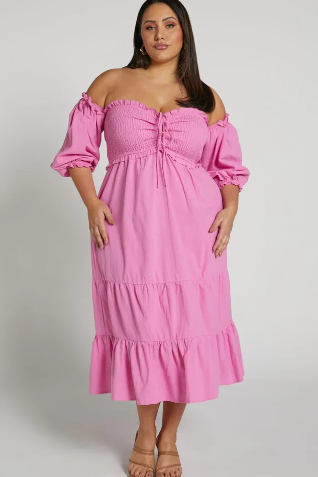 Nikka Midi Dress 8211 Shirred Off Shoulder Puff Sleeve Dress In Pink Women Showpo Dresses