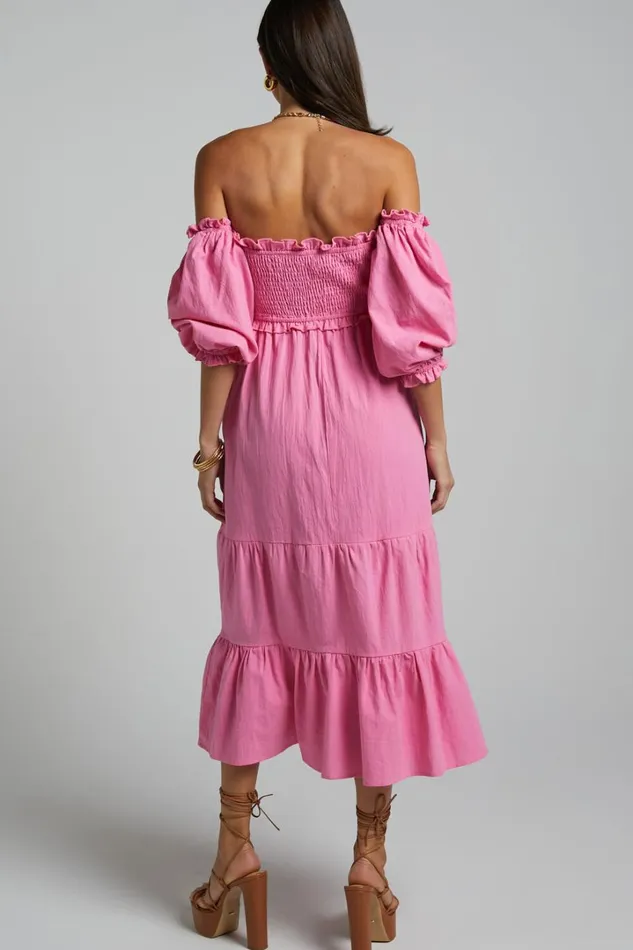 Nikka Midi Dress 8211 Shirred Off Shoulder Puff Sleeve Dress In Pink Women Showpo Dresses
