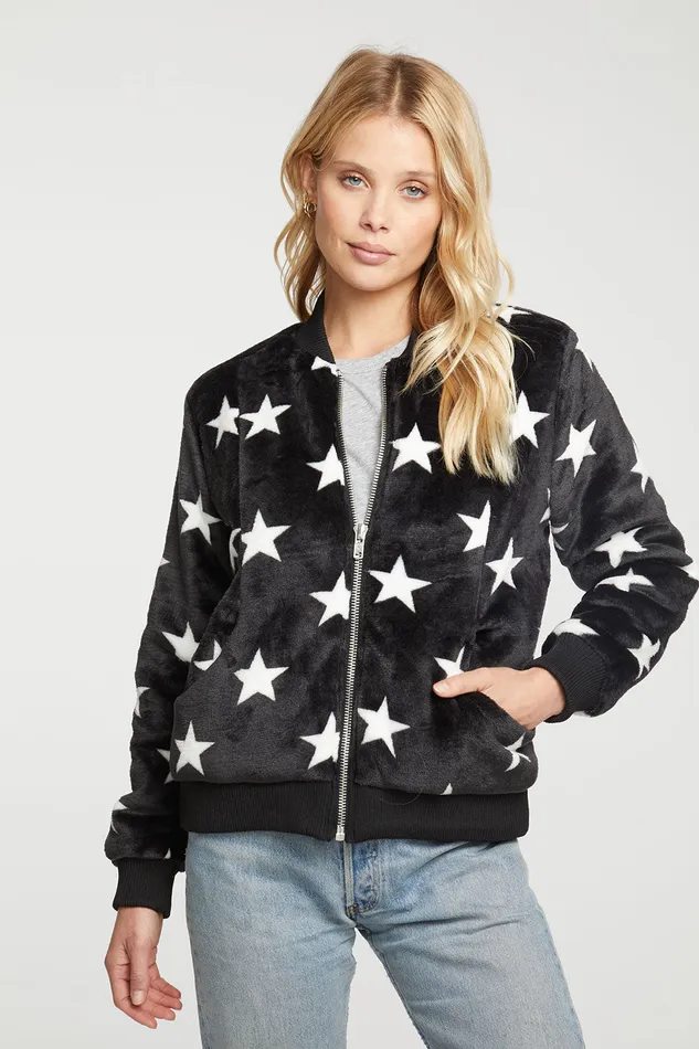 Outerwear Star Faux Fur Long Sleeve Bomber Jacket 8211 Chaser Brand Womens