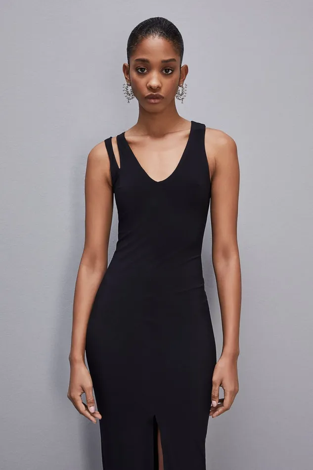 Patrizia Pepe Essential Technical Jersey Vneck Dress Black Nero Apparel Long