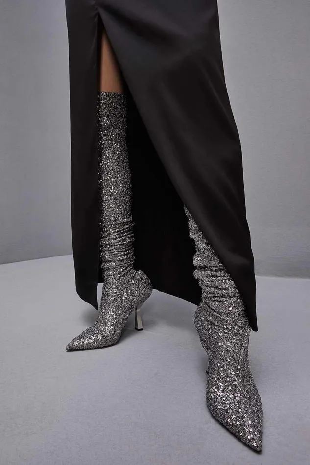 Patrizia Pepe Heeled Sequined Boots Silver Paillettes Footwear