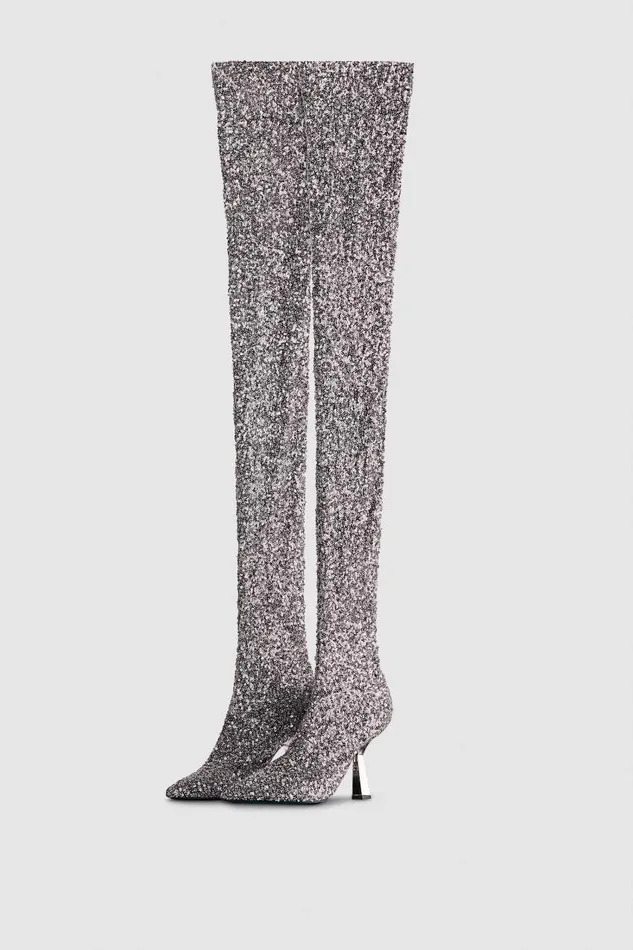 Patrizia Pepe Heeled Sequined Boots Silver Paillettes Footwear