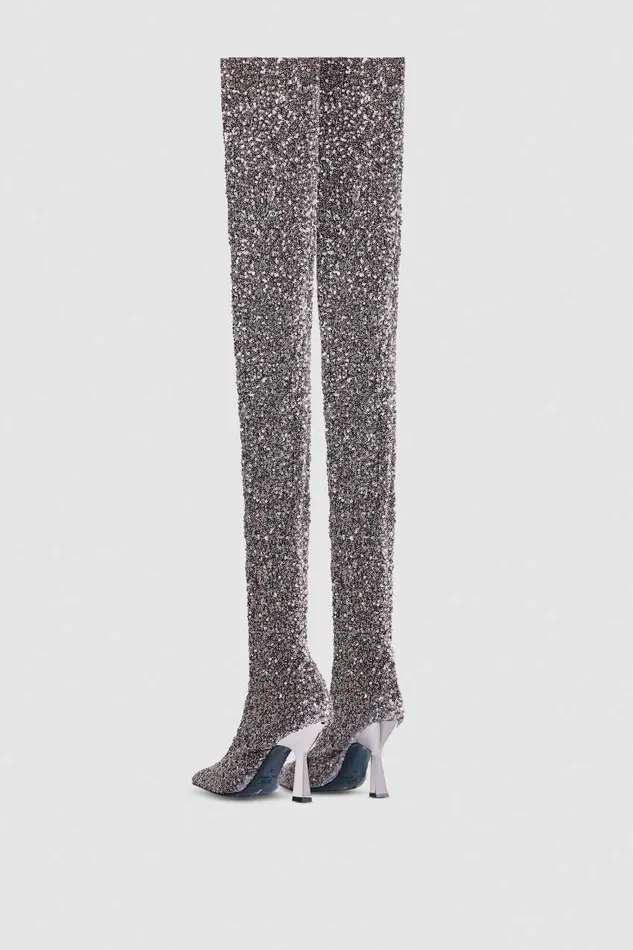 Patrizia Pepe Heeled Sequined Boots Silver Paillettes Footwear