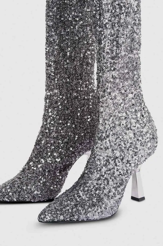 Patrizia Pepe Heeled Sequined Boots Silver Paillettes Footwear