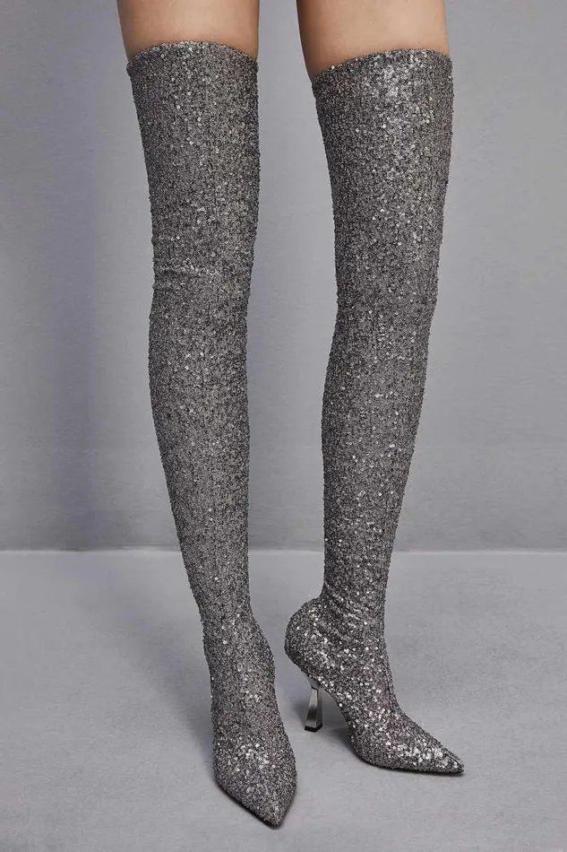 Patrizia Pepe Heeled Sequined Boots Silver Paillettes Footwear