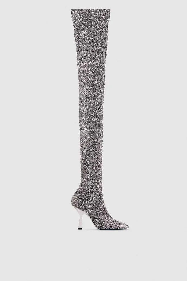 Patrizia Pepe Heeled Sequined Boots Silver Paillettes Footwear