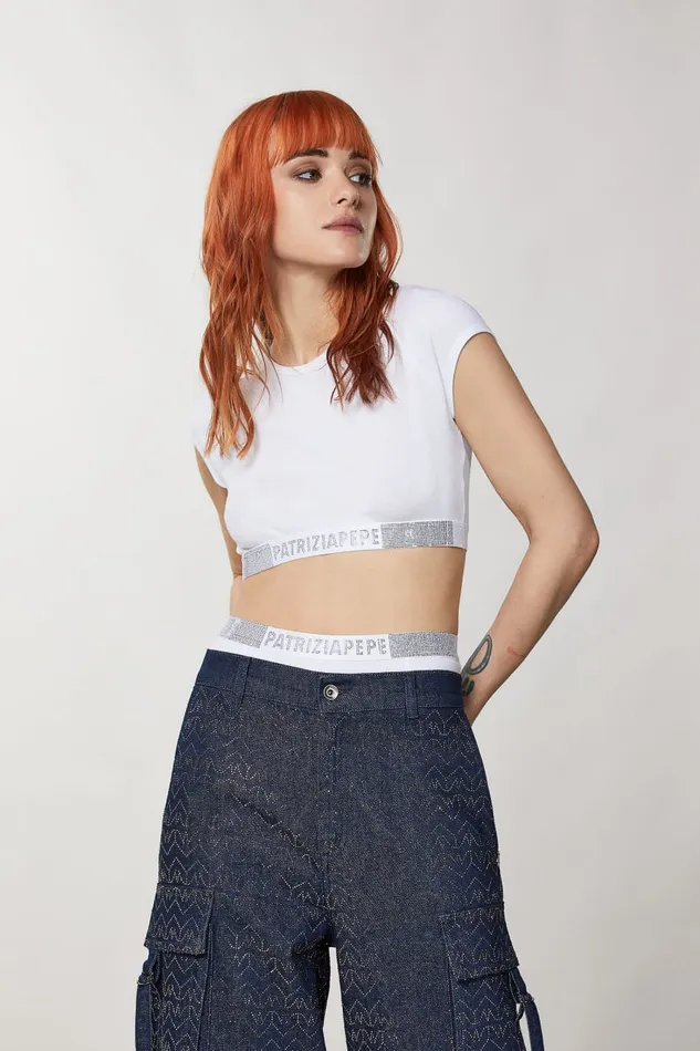 Patrizia Pepe Ribknit Top With Rhinestones White Bianco Apparel Tops
