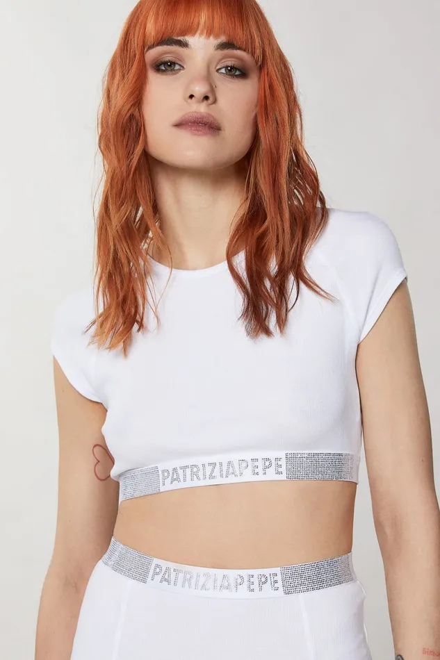 Patrizia Pepe Ribknit Top With Rhinestones White Bianco Apparel Tops