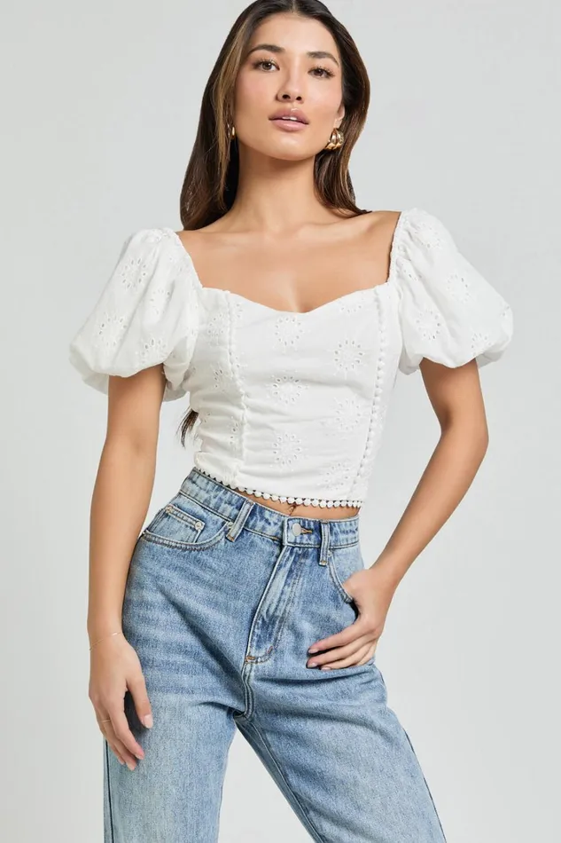 Pixie Top 8211 Sweetheart Puff Sleeve Embroidery Top In White Women Showpo Conscious