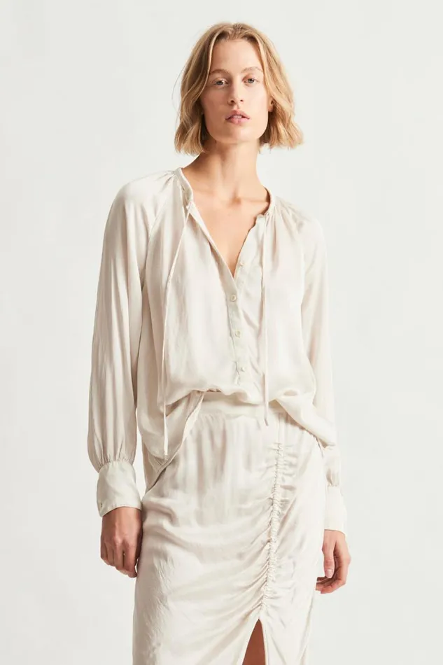 Raquel Allegra Pebble Satin Dirty White Poet Blouse Women Tops