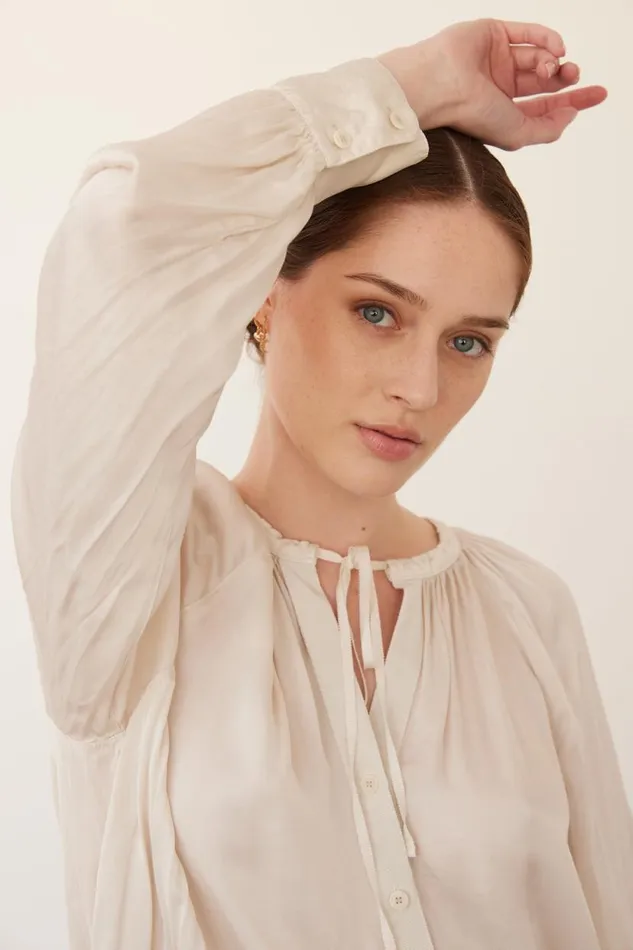 Raquel Allegra Pebble Satin Dirty White Poet Blouse Women Tops