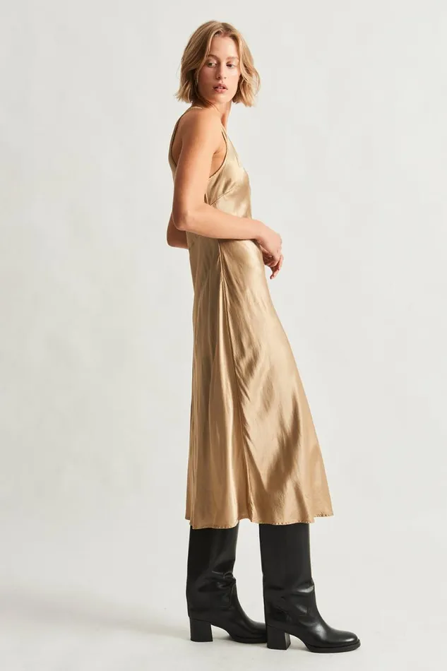 Raquel Allegra Pebble Satin Sand Valentina Midi Dress Women Dresses