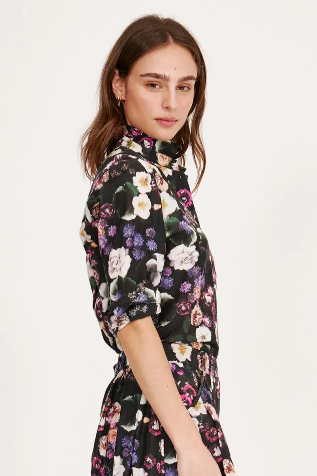 Raquel Allegra Silk Voile Black Floral Rodeo Blouse Women Tops