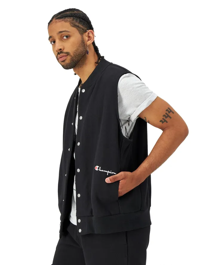 Reverse Weave Vest Script Logo Black Men Champion Jackets