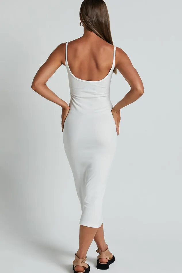 Reyneth Midi Dress 8211 Low Back Bodycon Rib Dress In Off White Women Showpo Basics