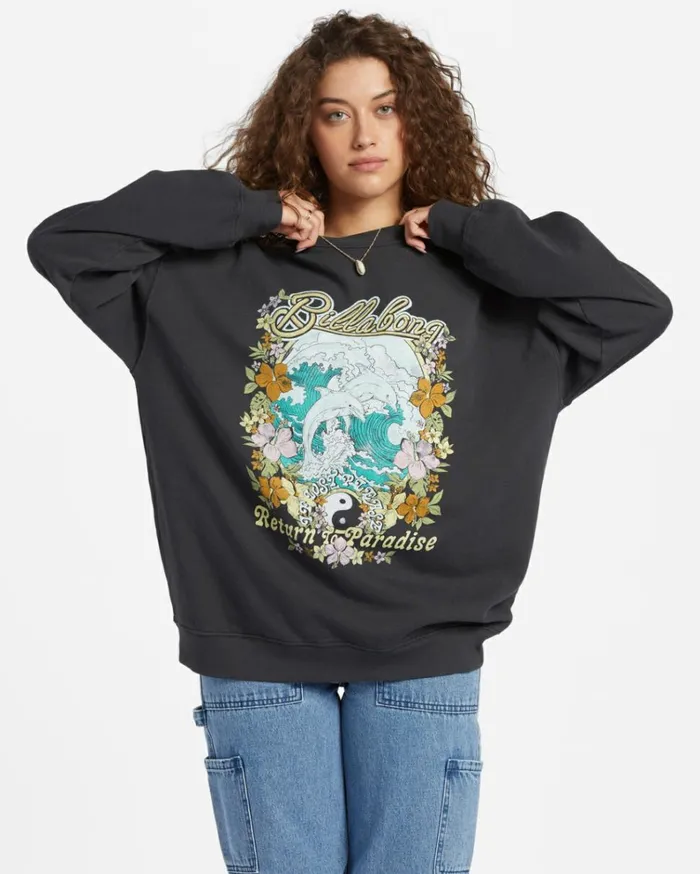 Ride In Oversized Crewneck Sweatshirt Black Sands 3 Women Billabong Sweatshirts and Fleece