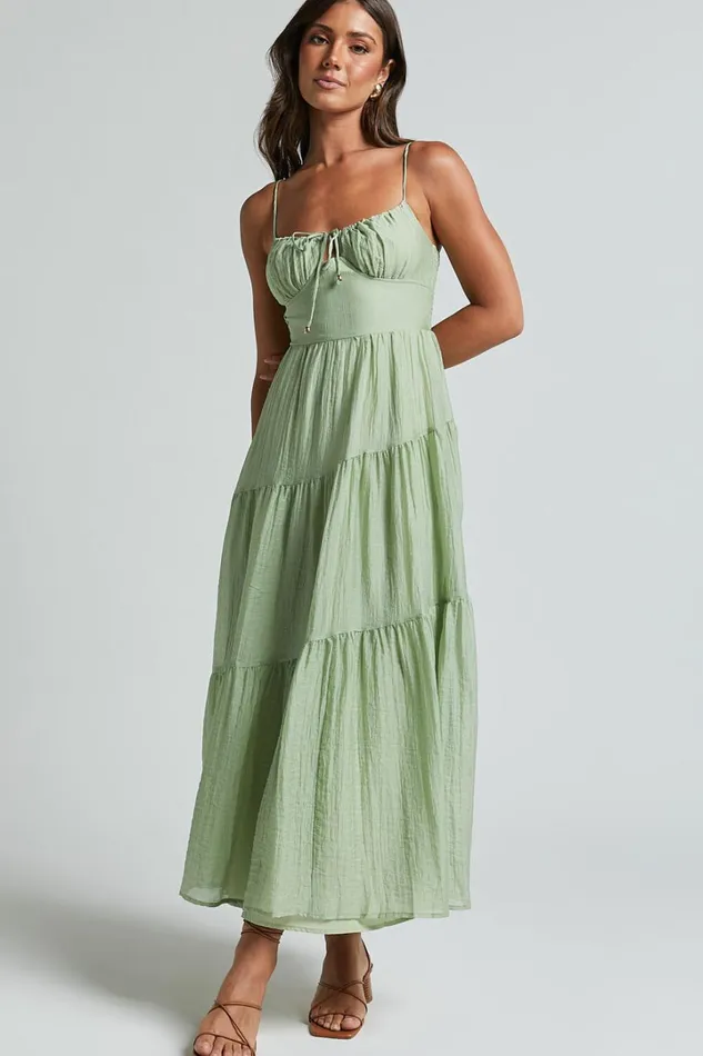 Rodeth Midi Dress 8211 Ruched Bust Tie Front Tiered Dress In Sage Women Showpo Dresses