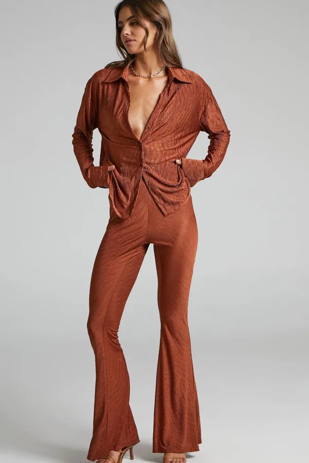 Rosamund Pants 8211 High Waisted Crinkle Flared Pants In Clay Women Showpo Pants