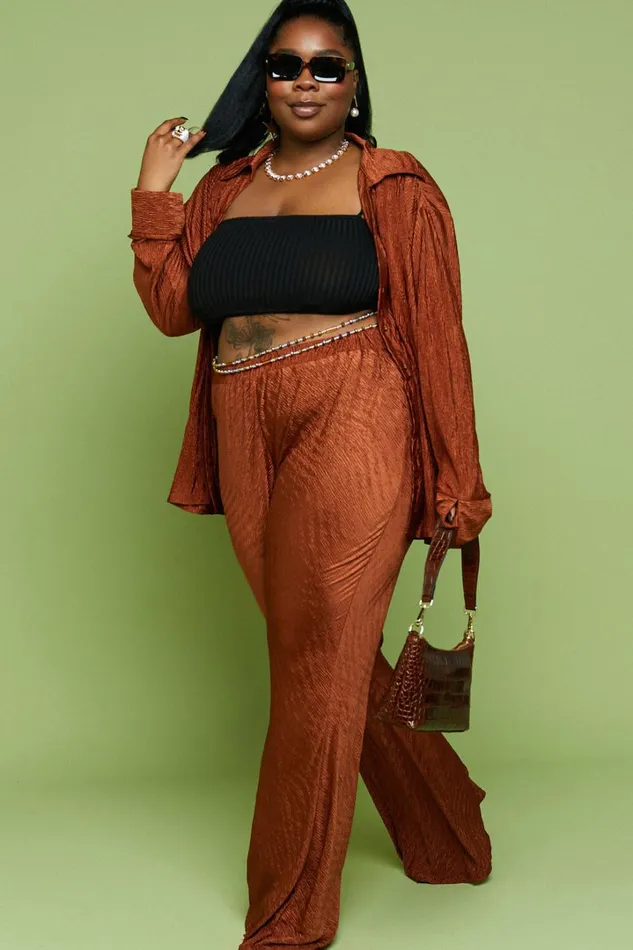 Rosamund Pants 8211 High Waisted Crinkle Flared Pants In Clay Women Showpo Pants