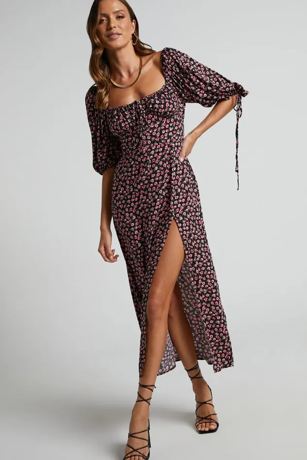 Rosario Midi Dress 8211 Ruched Bust Puff Sleeve Dress In Black Floral Women Showpo Curve Clothes