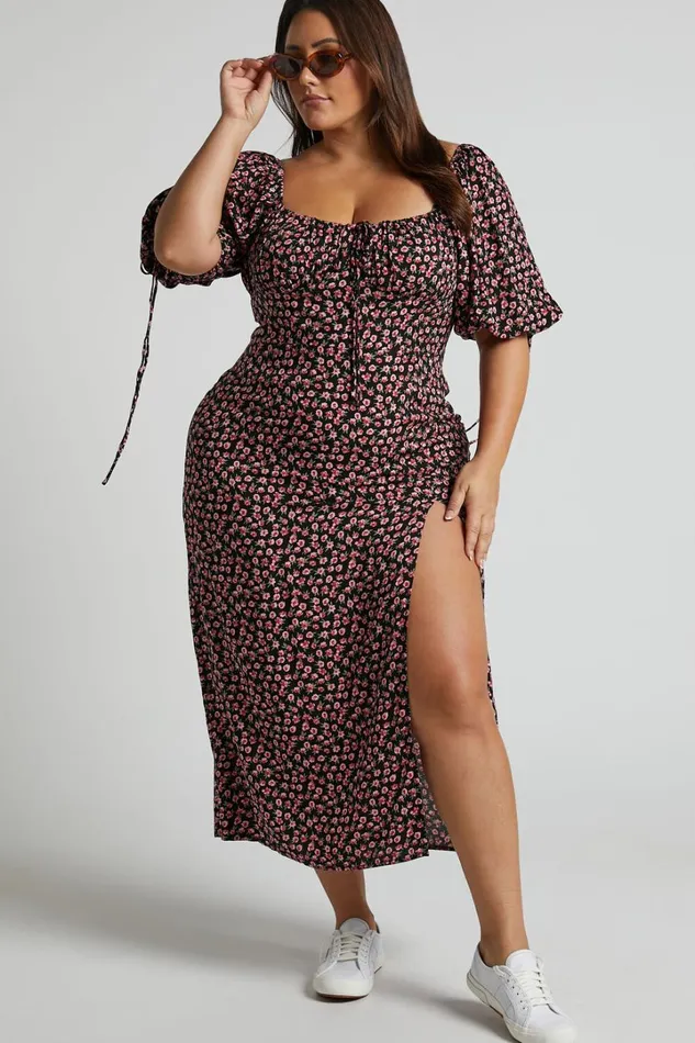 Rosario Midi Dress 8211 Ruched Bust Puff Sleeve Dress In Black Floral Women Showpo Curve Clothes