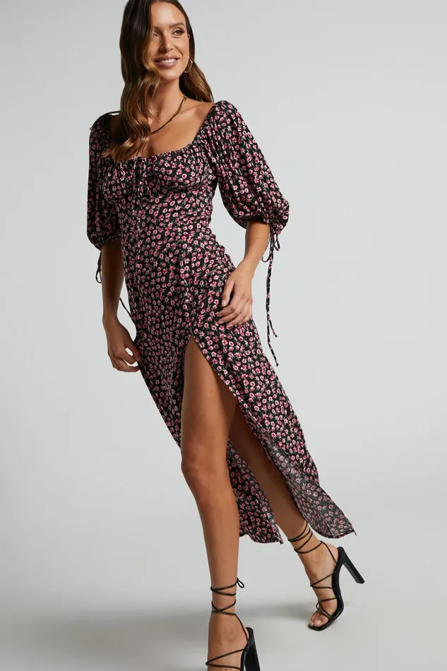 Rosario Midi Dress 8211 Ruched Bust Puff Sleeve Dress In Black Floral Women Showpo Curve Clothes