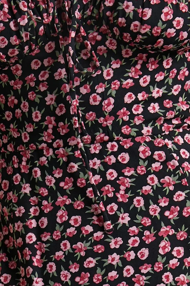 Rosario Midi Dress 8211 Ruched Bust Puff Sleeve Dress In Black Floral Women Showpo Curve Clothes