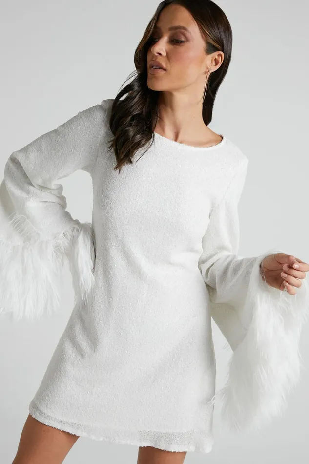 Rowella Mini Dress 8211 Faux Feather Bell Sleeve Dress In White Women Showpo Dresses