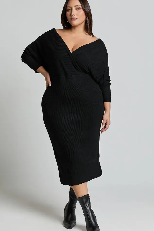 Sheika Midi Dress 8211 Long Sleeve Off Shoulder Knit Dress In Black Women Showpo Knitwear