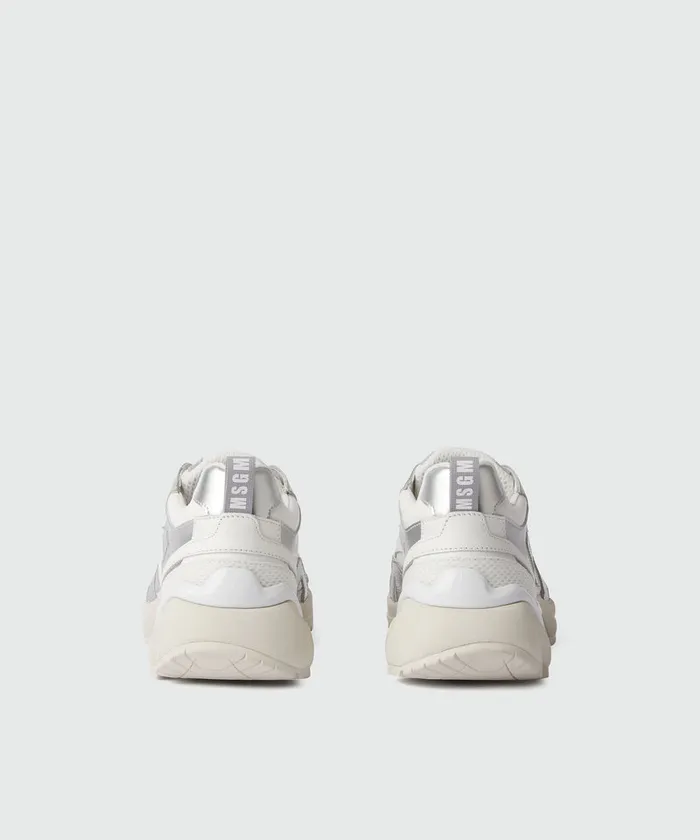 Silver And White Leather Vulcano Sneakers With Mesh Inserts Women MSGM Sneakers