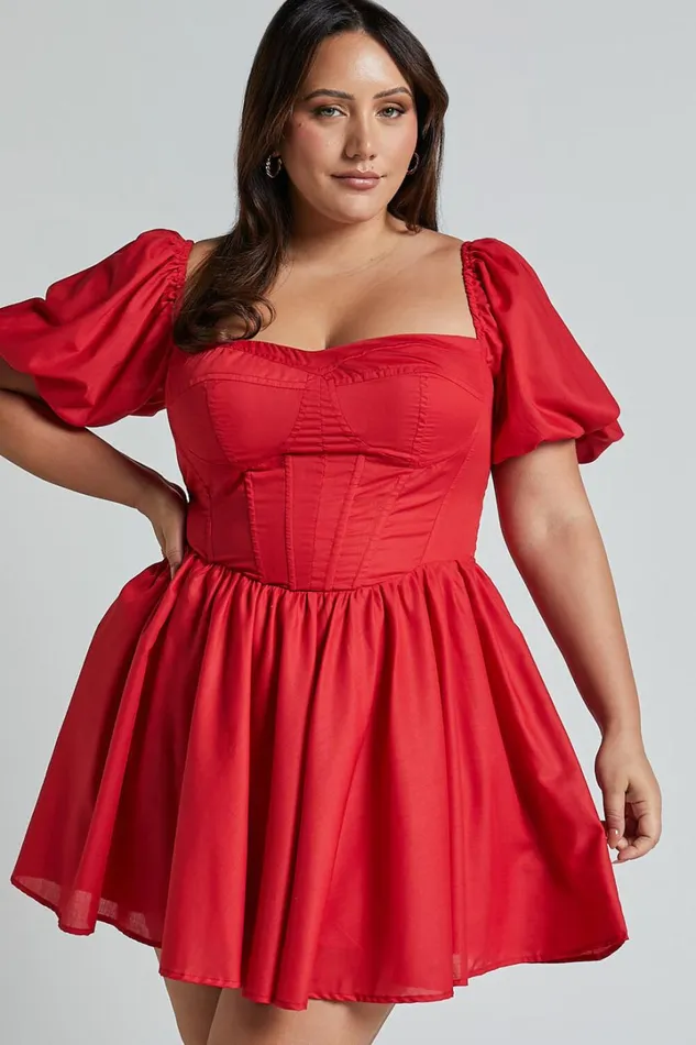 Souza Mini Dress 8211 Fit And Flare Puff Sleeve Corset Dress In Red Women Showpo Curve Clothes