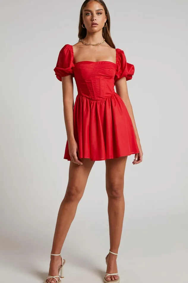 Souza Mini Dress 8211 Fit And Flare Puff Sleeve Corset Dress In Red Women Showpo Curve Clothes