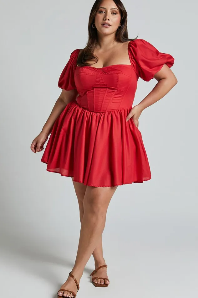 Souza Mini Dress 8211 Fit And Flare Puff Sleeve Corset Dress In Red Women Showpo Curve Clothes