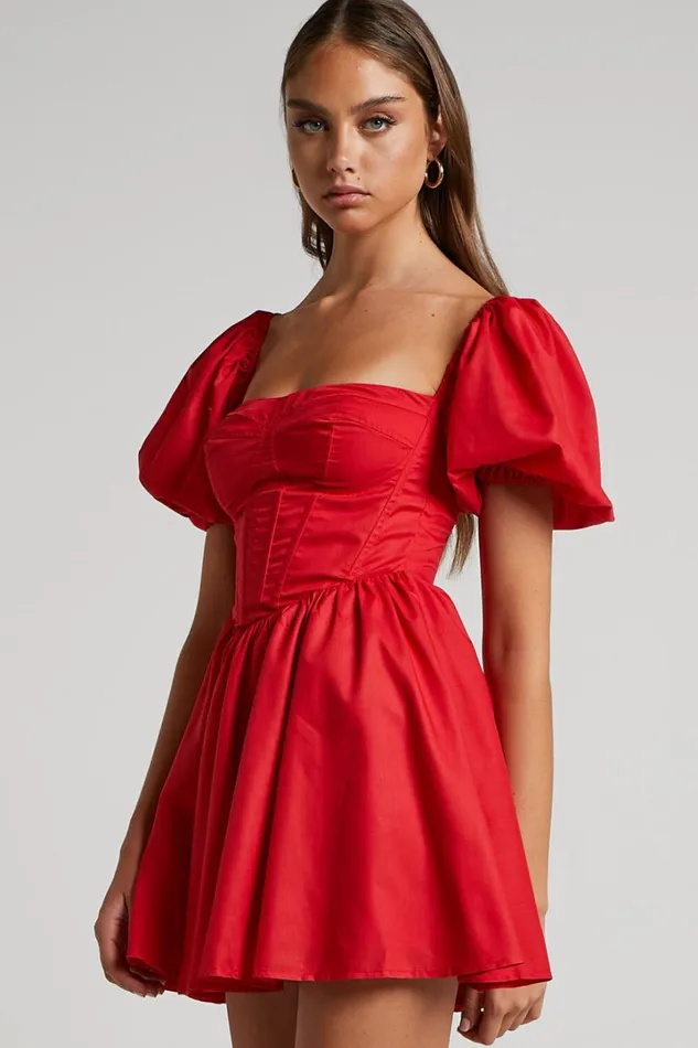 Souza Mini Dress 8211 Fit And Flare Puff Sleeve Corset Dress In Red Women Showpo Curve Clothes