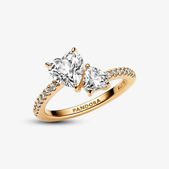 Stackable Rings Women Pandora Double Heart Sparkling Ring Gold Plated
